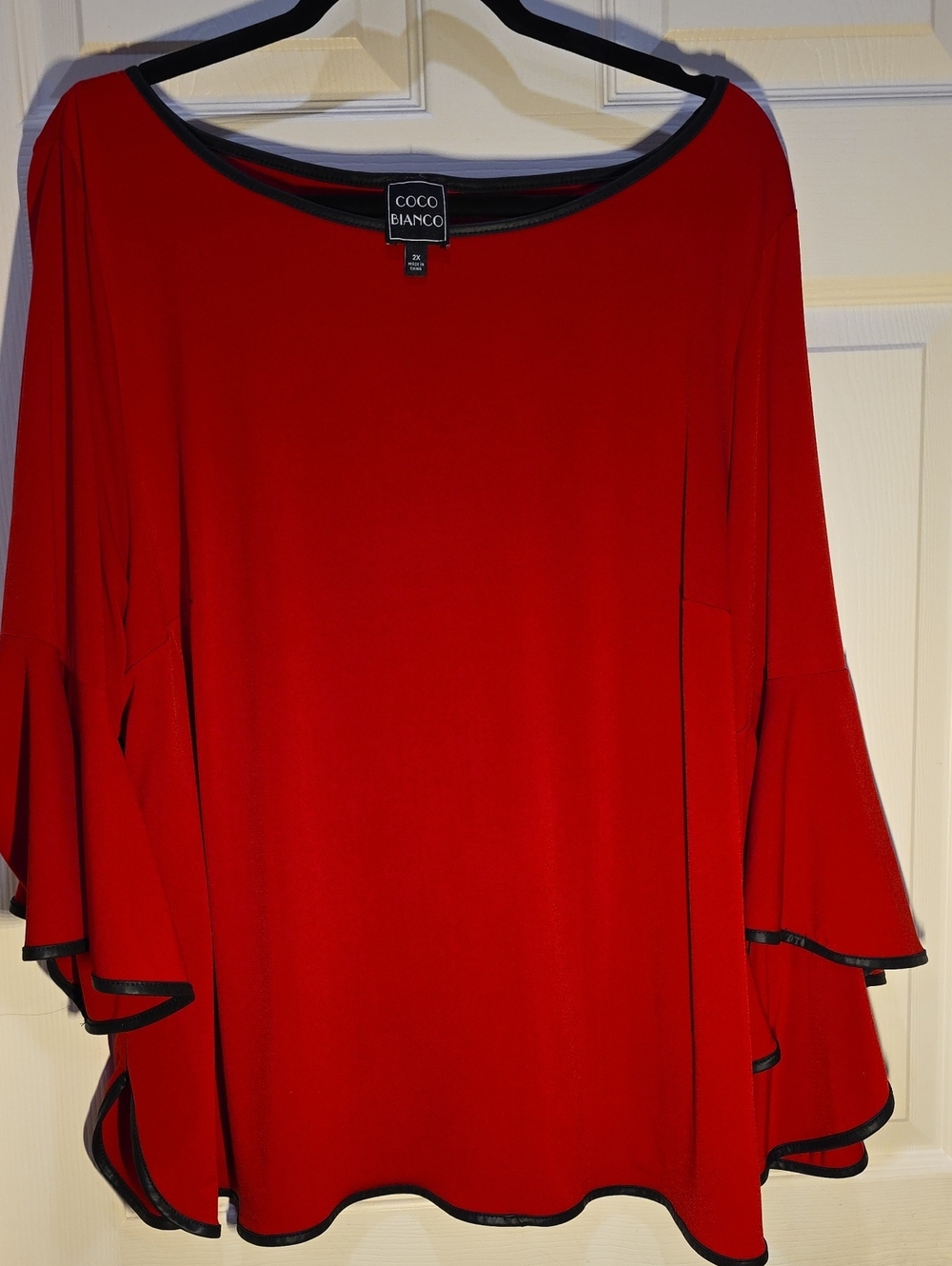 Coco Bianco Red Ruffle-Sleeve Blouse with Contrast Trim